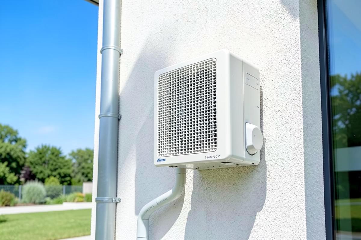 Unité extérieure de pompe à chaleur air/eau installée sur un mur de maison